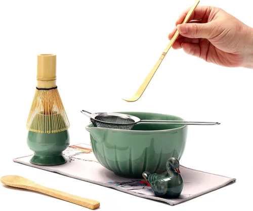 Vista 3 de Accesorio de ceremonia de matcha, batidor de matcha glaseado temmoku, cuchara tradicional (chashaku), cuchara de té, soporte para batidor, 1 tazón