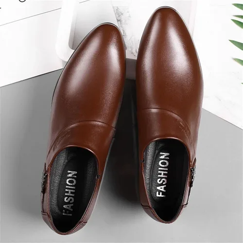 Vista 5 de Zapatos de vestir de esmoquin de cuero para hombre clásicos sin cordones formales estilo Oxford a la moda casual de cuero puntiaguda antideslizante