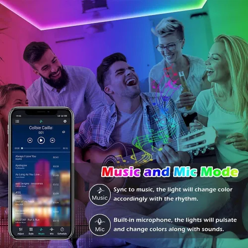 Vista 5 de Tira de luces LED inteligentes, con sincronización de música, 5050 RGB, luces que cambian de color, aplicación Bluetooth, control remoto por