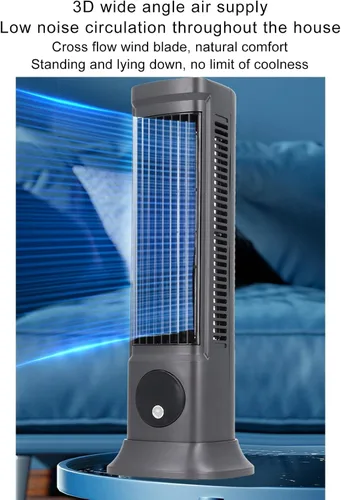 Vista 6 de Ventilador de torre de escritorio, ventilador silencioso sin aspas de 10 pulgadas con 3 niveles de velocidad, aire gran angular 3D, base ajustable