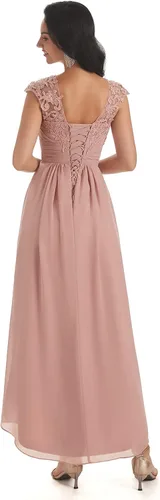 Vista 5 de Huaxiafan Vestidos de madre de la novia para boda cuello redondo mangas casquillo una línea de encaje gasa vestido formal alto bajo