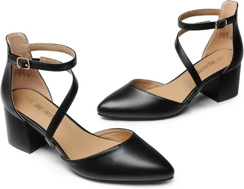 Vista 5 de DREAM PAIRS Zapatos de tacón bajo y grueso para mujer, con correa al tobillo, zapatos elegantes para bodas y negocios