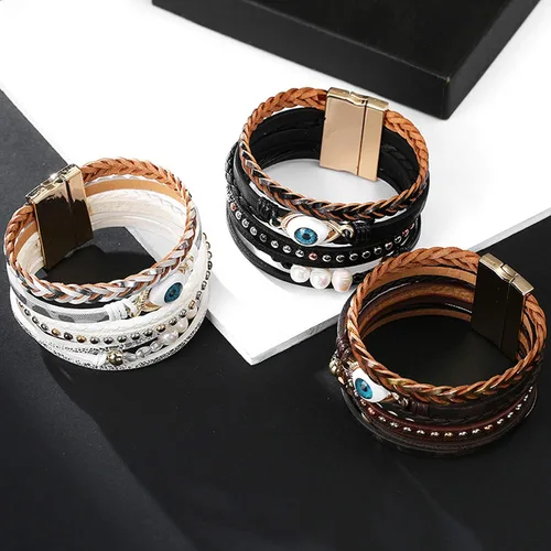 Vista 4 de Leather Wrap Bracelet Boho Cuff Bracelets for Women Teen Girls Cross Bracelet Fashion Jewelry Gifts for Her