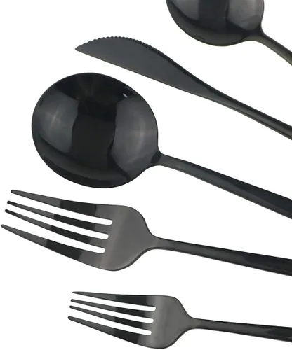 Vista 2 de Juego de cubiertos de 10 piezas – Utensilios de acero inoxidable 304 negro, tenedores, cucharas, cuchillos – Cubertería pulido espejo para 2