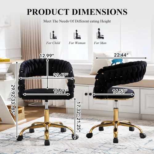 Vista 2 de NIOIIKIT Silla tejida para oficina en casa, silla giratoria de terciopelo Negro