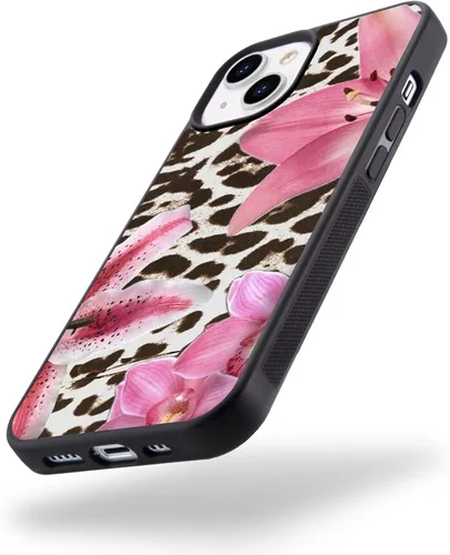 Vista 2 de Funda para iPhone 15 con estampado de leopardo negro y lirio rosa para iPhone 15, funda protectora de TPU con parte trasera dura, a prueba