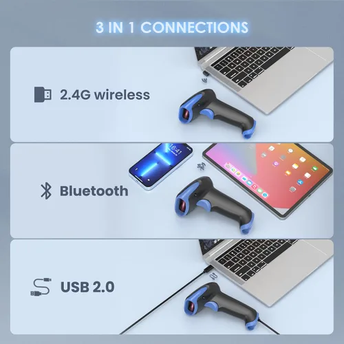 Vista 2 de Eyoyo Escáner de código de barras 1D 2D inalámbrico, Bluetooth de 2500 mAh, lector de código de barras QR inalámbrico USB con cable para biblioteca