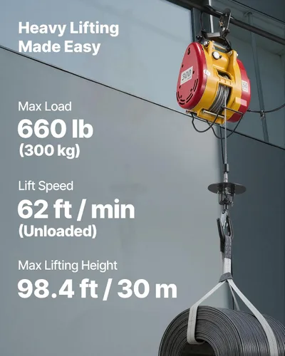 Vista 2 de VEVOR Polipasto Eléctrico 2 en 1, Capacidad de 660 lbs, Grúa de Potencia Portátil de 1500W, Altura de Elevación de 98.4 pies, 62 pies/min