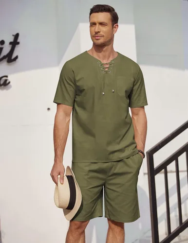 Vista 3 de COOFANDY Conjunto de 2 piezas de camisas y pantalones cortos de lino con cordones para hombre