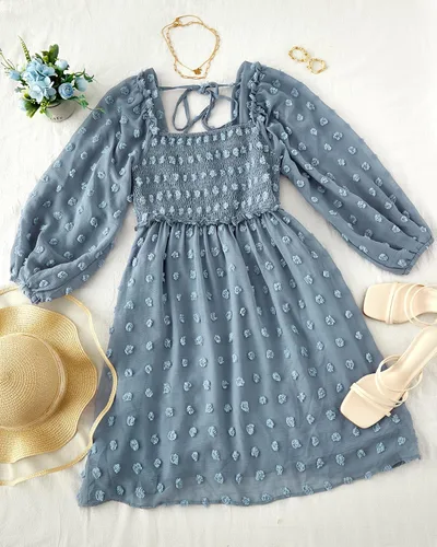 Vista 6 de ZESICA Vestido corto de verano para mujer, manga larga, cuello cuadrado, lunares suizos, fluido, acampanado, fruncido, babydoll