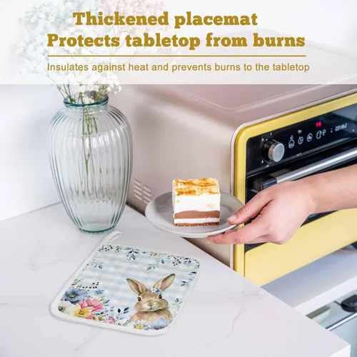 Vista 7 de Juego de soportes para ollas de Pascua azules para cocina, platos de sartén para horno, tapete a prueba de calor con lazo para colgar, agarraderas