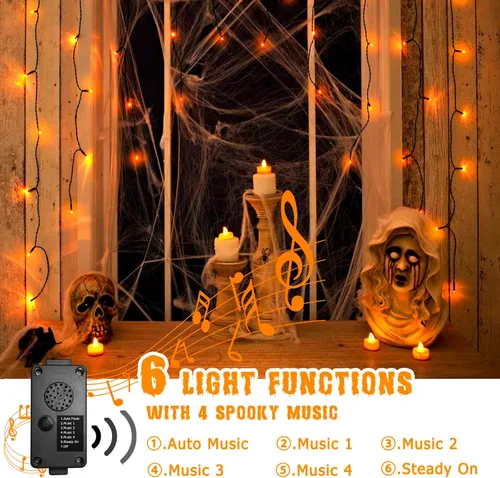 Vista 3 de PEIDUO Luces de Halloween, 200 luces LED naranjas de 82 pies, con sensor de movimiento, decoraciones de Halloween, luces de hadas parpadeantes