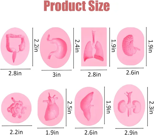 Vista 3 de Moldes de silicona con forma de órganos humanos, 8 unidades, molde de silicona para cerebro y corazón, para hígado, pulmón intestinal, chocolate