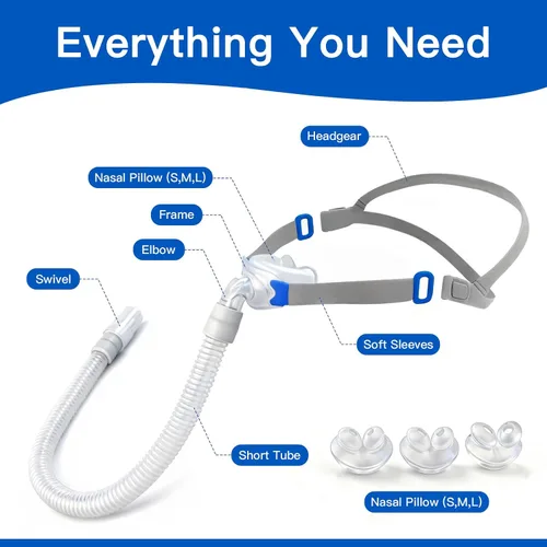 Vista 2 de CPAP - Máscara de almohada nasal, juego de almohadas nasales con arnés desmontable, marco, tubo y 3 tamaños diferentes de almohadas nasales (S, M, L)