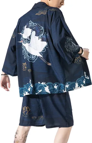 Vista 2 de PRIJOUHE Conjunto de kimono de estilo japonés para hombre, ligero, casual, siete mangas, frente abierto, cárdigan y pantalones cortos