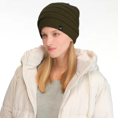 Vista 59 de C.C Winter Oversized Beanie Hat with Fuzzy Lining – Thick Knit Thermal Beanie for Cold Weather, Soft Warm Fleece Lined Cap