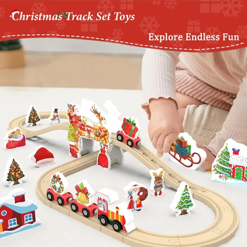 Vista 6 de Juego de tren de madera, pista de tren para niños pequeños de 3 a 5 años, pistas de madera para niños y niñas, juguetes de 42 piezas de trenes