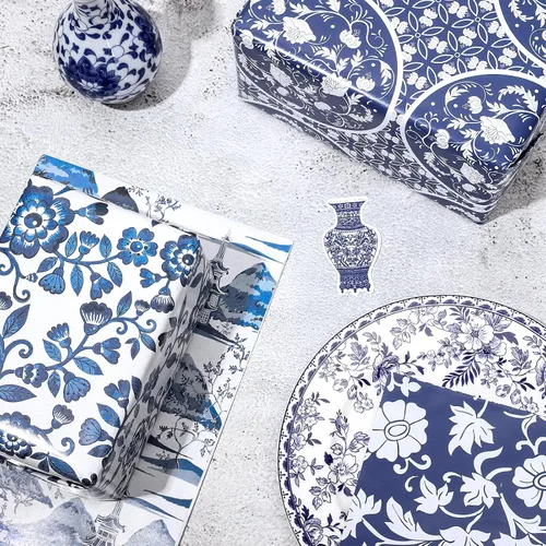Vista 5 de Whaline 12 hojas de papel de regalo chinoiserie azul de 19.7 x 27.6 pulgadas, papel de regalo floral de porcelana de paisaje chino clásico, papel