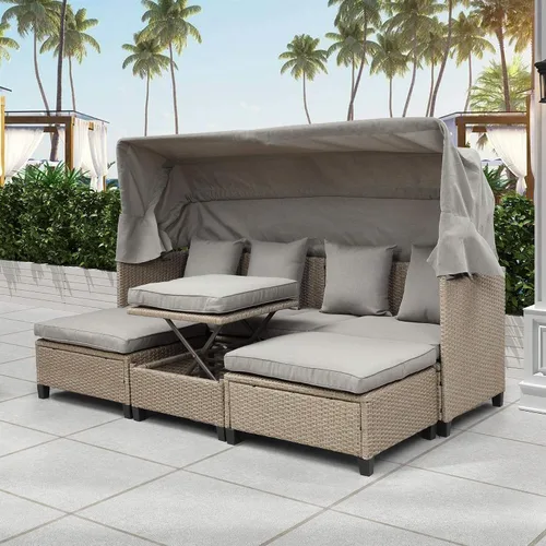 Vista 11 de Sofá cama redondo de ratán al aire libre con toldo retráctil y mesa de centro elevadora, muebles de patio, juego de sofá para piscina Garde