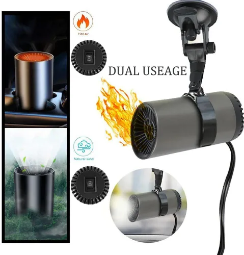 Vista 5 de Calentador de coche de 150 W, soplador de aire caliente para automóvil en forma de taza, ventilador portátil giratorio de 180° con soporte