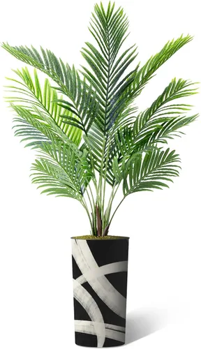 Vista 2 de Árbol artificial en macetero con patrón geométrico, palmera tropical areca artificial de seda para decoración del hogar en interiores y exteriores