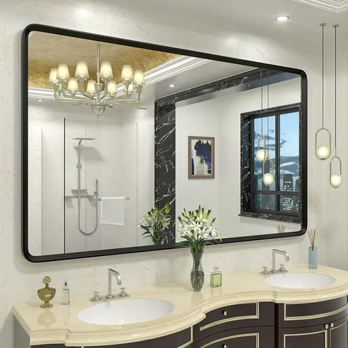 Vista 15 de Espejo rectangular con marco mate negro de 20x30 pulgadas para baño, espejo de tocador para pared de baño con esquinas redondeadas, antióxido y a