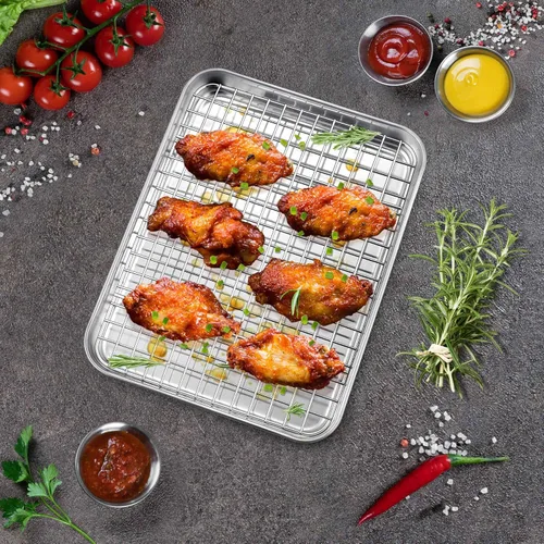 Vista 5 de P&P CHEF, bandeja para horno tostador de 9 pulgadas con juego de rejilla, bandeja de hornear de acero inoxidable y rejilla de enfriamiento