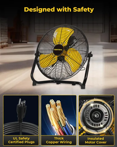 Vista 5 de VENTISOL - Ventilador de piso portátil de 12 pulgadas, ventiladores industriales de metal de 3 velocidades con inclinación de 180°, ventilador