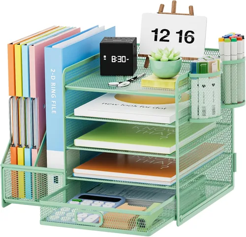 Vista 14 de Marbrasse - Organizador de escritorio con soporte para archivos, organizador de bandejas para papel tamaño carta de 5 niveles con cajón y 2 soportes