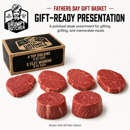 Vista 3 de Cesta de regalo Gourmet Butcher 6 cortes de carne de primera calidad – 4 solomillo superior y 2 filete miñón grande alimentado con pasto – Caja
