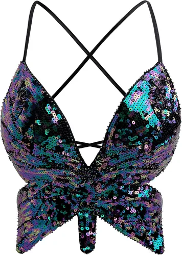 Vista 6 de Camiseta corta sexy de lentejuelas para mujer, diseño de mariposa, sin espalda, para club, fiesta, salida nocturna