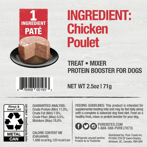 Vista 2 de PureBites Patés de pollo para perros, solo 1 caja de ingredientes de 12