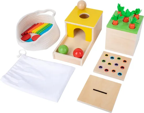 Vista 12 de Adena Montessori Kit de juego de madera Montessori 3 en 1 para bebé, incluye juego de gotas de color con cerillas, juego de cosecha de zanahorias