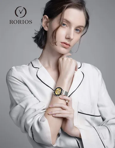 Vista 2 de RORIOS Reloj mecánico automático para mujer, esfera esquelética, correa de acero inoxidable, relojes de pulsera para mujer