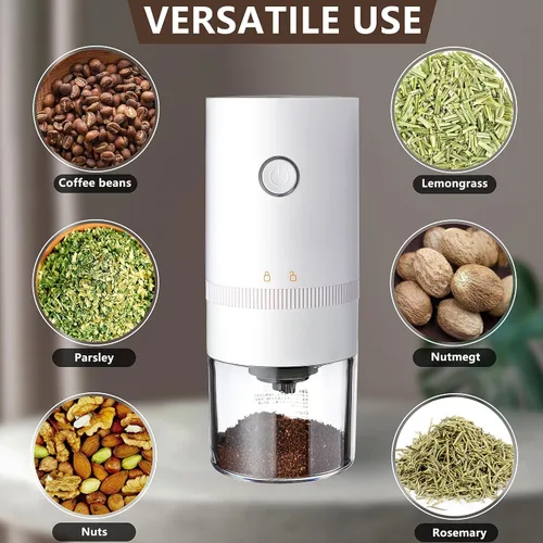 Vista 3 de Molinillo de café eléctrico con rebabas cónicas de acero inoxidable, portátil, molinillo de café compacto con ajustes ajustables precisos (blanco)