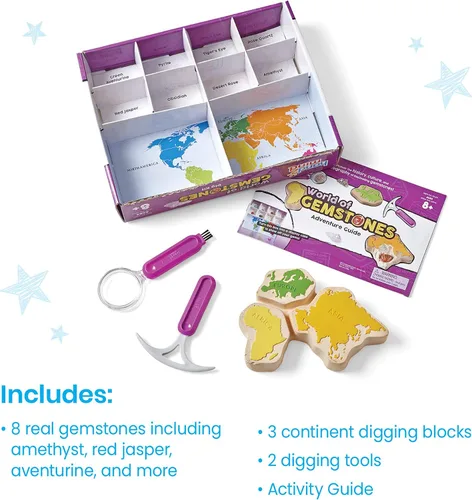Vista 2 de hand2mind World of Gemstones Dig Kit, 8 piedras preciosas reales para descubrir, estuche de exhibición de piedras preciosas, kit de excavación