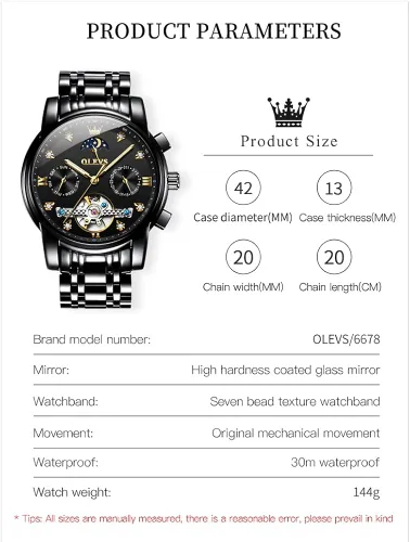 Vista 6 de OLEVS Men Automatic Watch Skeleton Moon Phase Dial Luxury Dress Stainless Steel Strap 5 Hands Diamond Men Wrist Watches