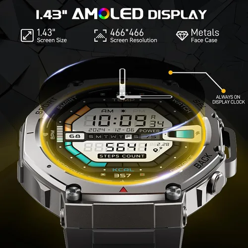 Vista 2 de Reloj inteligente militar para hombre, reloj inteligente con GPS integrado, 5 ATM, impermeable, 1.43 pulgadas, AMOLED, resistente, rastreador