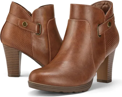 Vista 14 de mysoft - Botines de mujer con cremallera, tacón grueso apilado, botas de tobillo con hebilla y correa en el tobillo Marrón (Brown Buckle)