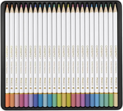 Vista 2 de Lápices de colores pastel Marco Chroma Manga Juego de 24 unidades en caja de metal; dureza 2B, suministros de dibujo profesional para niños