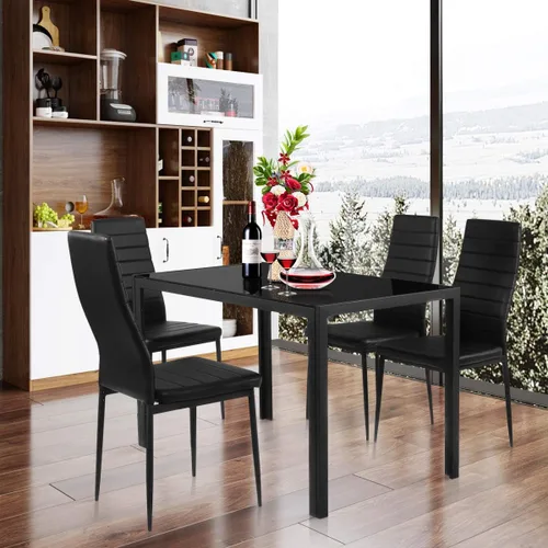 Vista 9 de S AFSTAR Juego de mesa de comedor de 5 piezas, juego de mesa de cocina con mesa de vidrio templado negro y 4 sillas acolchadas de piel sintética