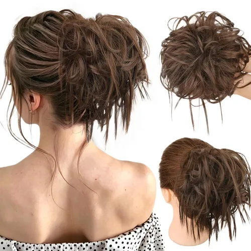 Vista 17 de HMD - Extensiones de cabello tipo chongo alborotado con rodelo despeinado, banda elástica de goma, extensiones de cabello sintético para mujer