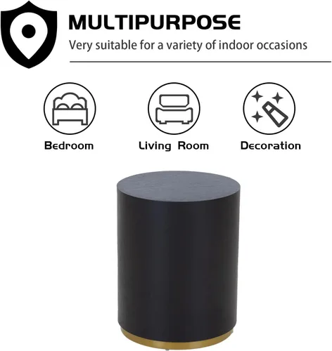 Vista 9 de KEVINSPACE Mesa auxiliar negra con borde dorado en la parte inferior, mesa de centro redonda para espacios pequeños, mesa auxiliar de madera mesita