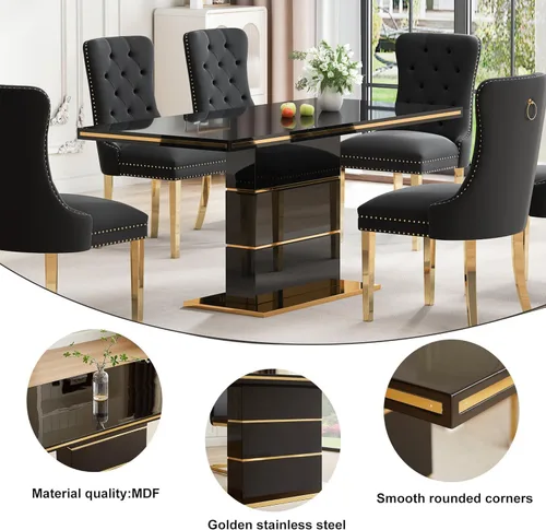 Vista 5 de Mesa de comedor moderna negra para 6 personas, mesa de cocina rectangular de 63 pulgadas con acabado lacado dorado y base de pedestal de acero