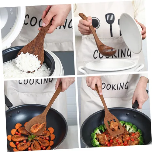 Vista 7 de 3 Uds Práctica Cuchara de Madera Cocinar Esquina Raspador Mango Largo Cuchara de Sopa Cuchara de Servir Comida Cuchara de Cocina Mango Largo Pala