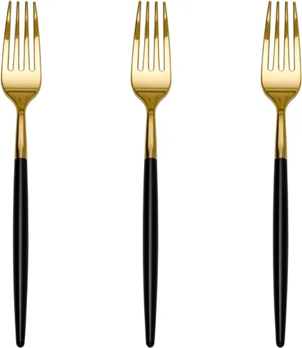 Vista 2 de Trendables Paquete de 120 tenedores de plástico resistente de dos tonos, impresionante tenedor de plástico desechable de doble color negro y dorado