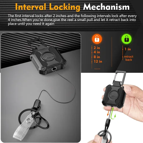 Vista 3 de Llavero retráctil resistente con bloqueo de intervalos, clip para tarjetas de identificación, carrete de insignia con cordón Dyneema Negro-1 paquete