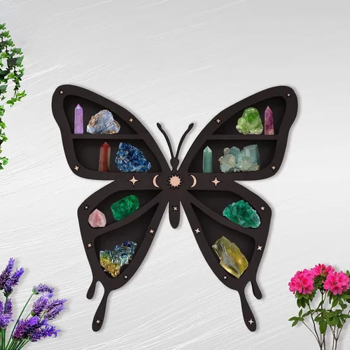 Vista 2 de Soporte de cristal de madera para piedras curativas, almacenamiento y organizador, estante de cristal, estantes bohemios, estante de aceite Mariposa