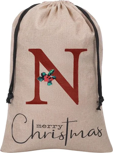 Vista 16 de Subyan Bolsa de regalo de Navidad de arpillera de 27 x 23 pulgadas, extra grande, reutilizable, personalizada, con monograma, con cordón
