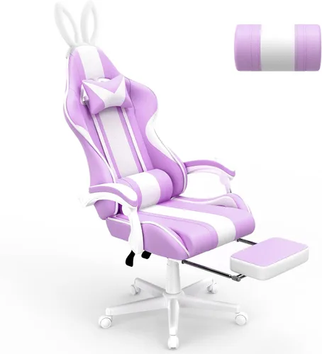 Vista 11 de Ferghana - Silla de juego Kawaii en azul claro con orejas de conejo, silla Gamer ergonómica y linda con reposapiés y masaje, silla de juego